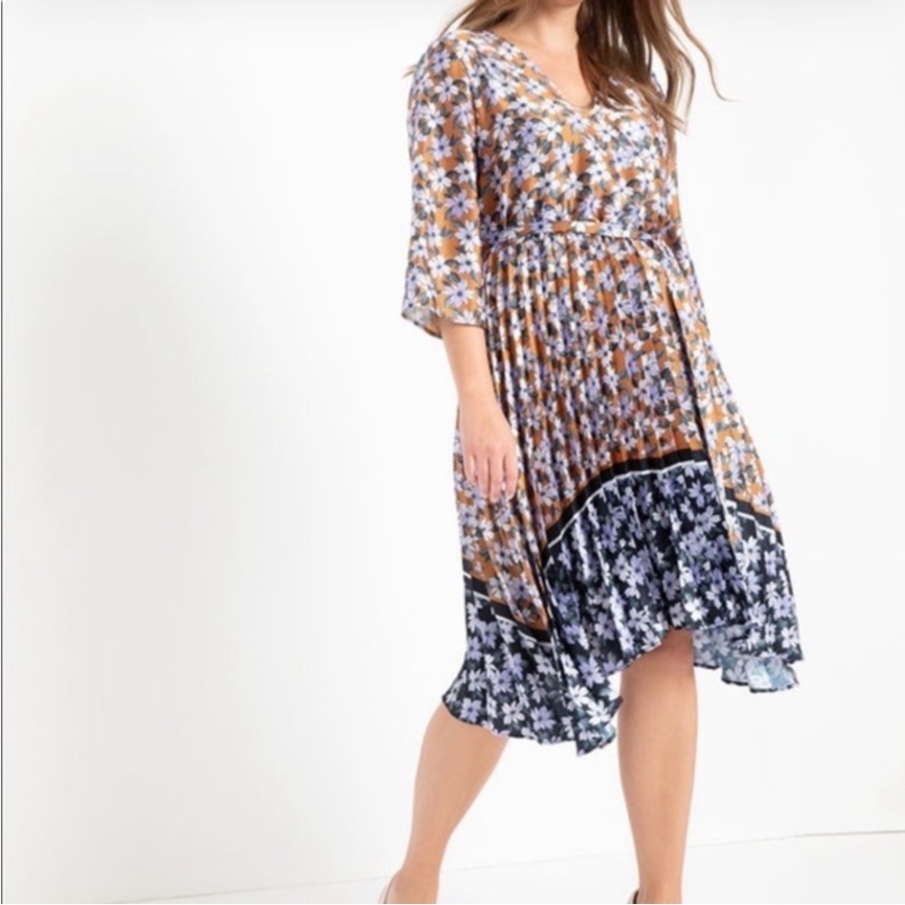 Eloquii Floral Mixed Print Satin Asymmetric Pleated Plus Size Midi Dress 16‎ 529